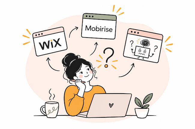 Illustration d'une entrepreneuse qui hésite entre Wix, Mobirise et les différentes façons de gérer son site